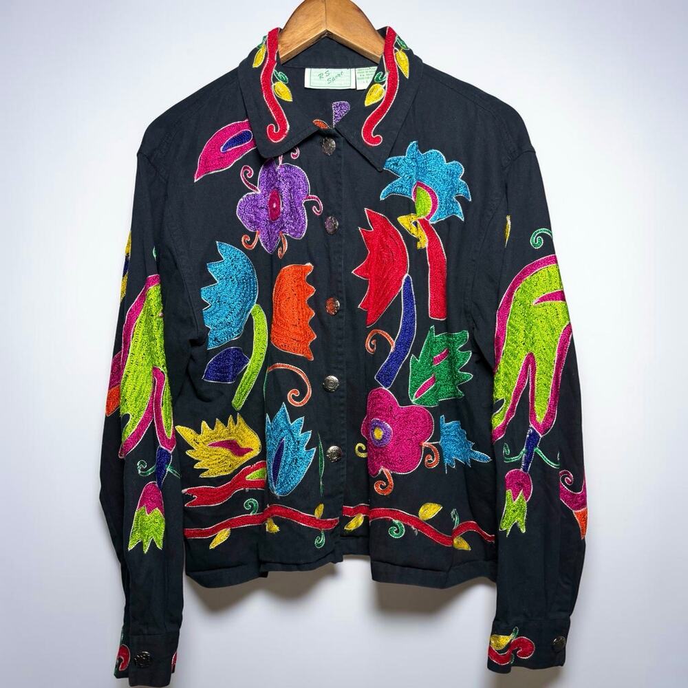 Vintage RS Sport Embroidered Jacket Black Floral Artsy Cropped Button Front L